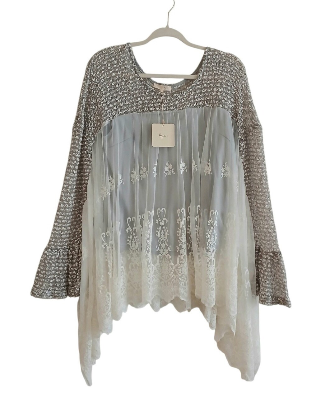 NEW RYU Layered Lace Mixed Media Batwing Tunic M Bohemian Oversized Ethereal - Picture 2 of 9